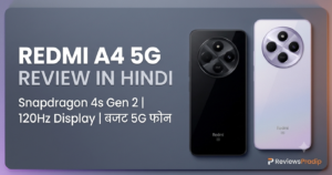 Redmi A4 5G Starry Black and Sparkle Purple variants displaying 50MP camera module and glass design for ReviewsPradip review.