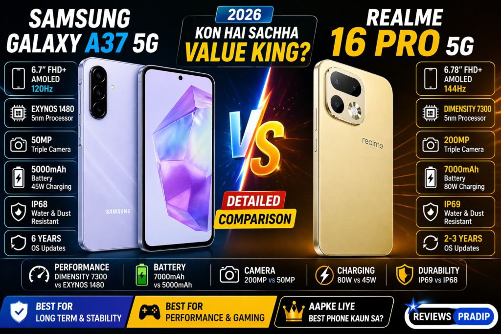 Samsung Galaxy A37 5G vs Realme 16 Pro 5G comparison – कौन है असली Value King 2026?