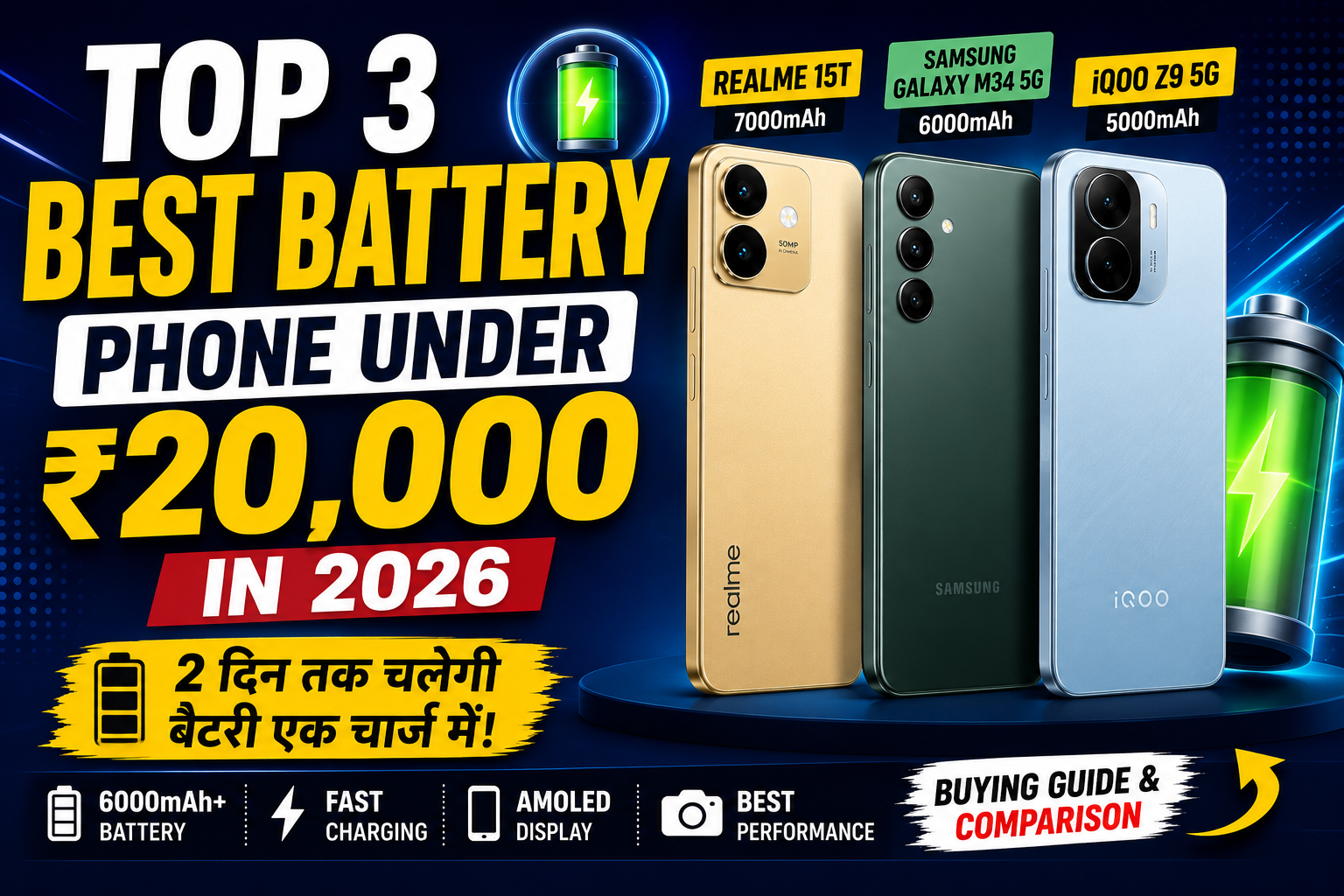 Top 3 Best Battery Phone Under 20000 in 2026 – 6000mAh से 7000mAh तक के दमदार Smartphones!